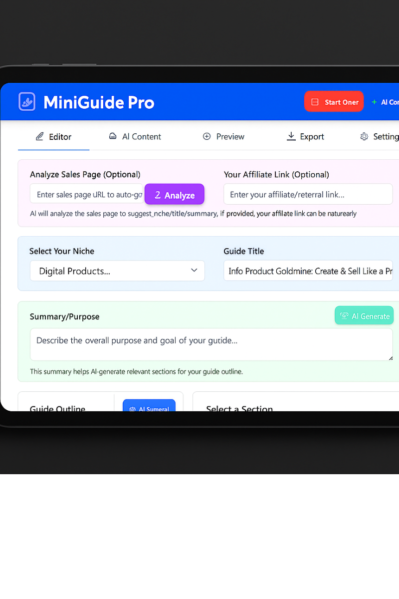 "MiniGuideProAI MMO digital product for making money online fast with AI-powered marketing tools"

If you want it a bit longer or more descriptive in MMO style, just tell me!